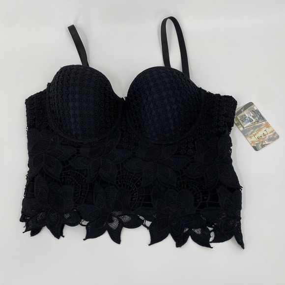 Love J Black Lace Bustier Crop Top Corset Med Adjustable Straps Padded Bra - Picture 1 of 4